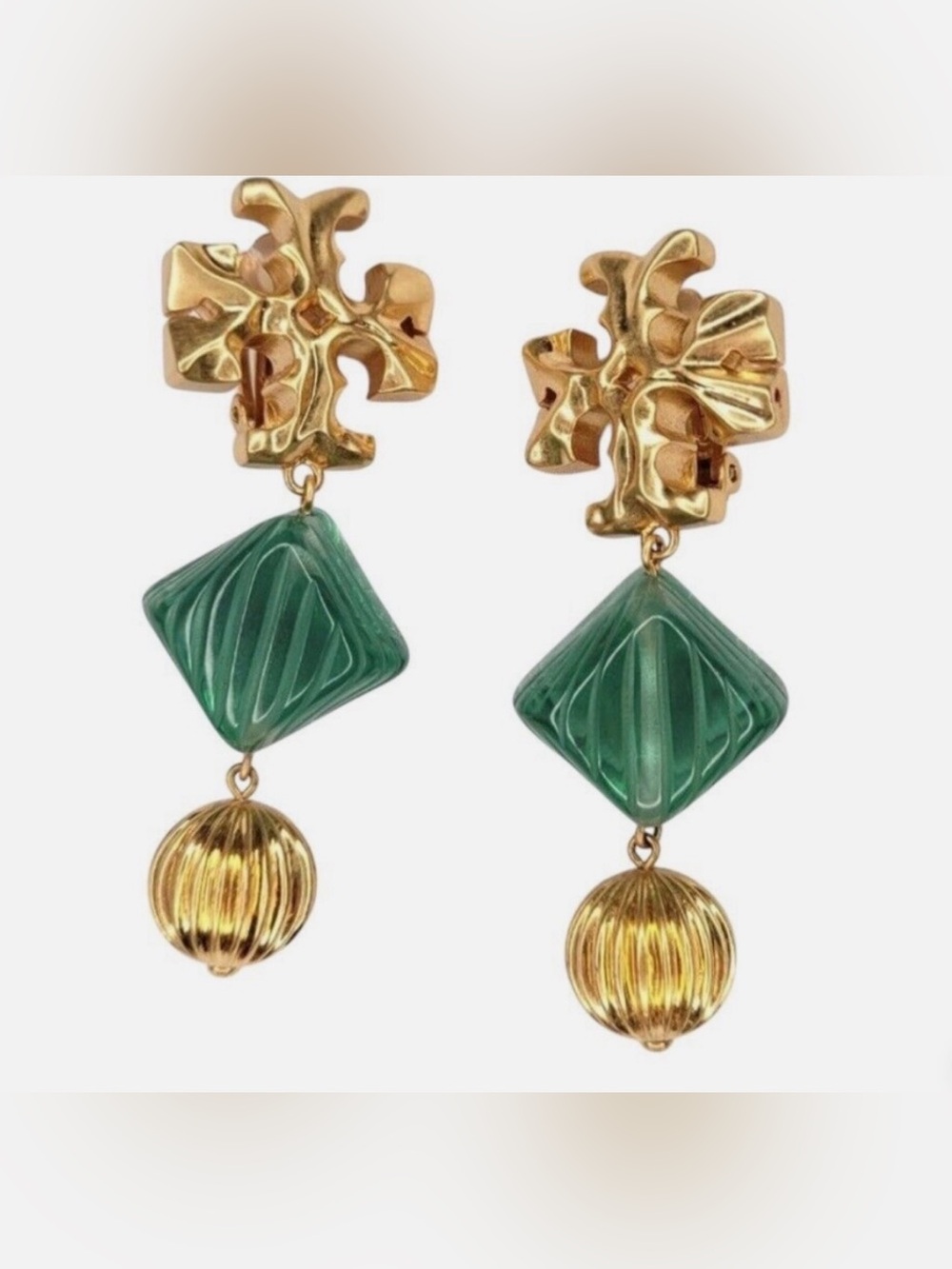 Tory Burch Green Resin and Gold Triple-Drop Earrings